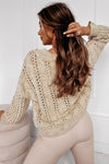 Khaki Eyelets Cable Knit Drop Shoulder Sweater-Tops-MomFashion