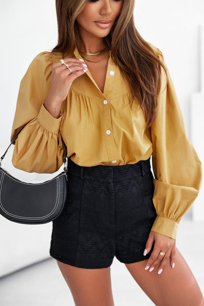 Yellow Puff Sleeve Pleated Loose Shirt-Tops-MomFashion