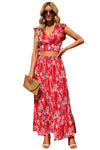 Fiery Red Multicolor Floral Ruffled Crop Top and Maxi Skirt Set-Dresses-MomFashion