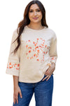 Beige Flower Patch Graphic Exposed Seam Wide Sleeve Top-Graphic/Graphic Long Sleeve Tees-MomFashion