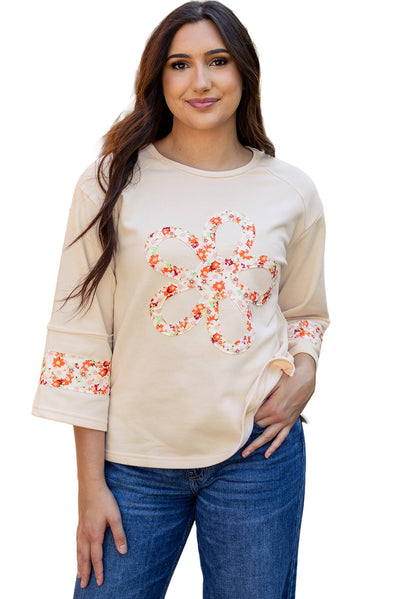 Beige Flower Patch Graphic Exposed Seam Wide Sleeve Top-Graphic/Graphic Long Sleeve Tees-MomFashion