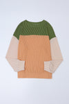 Green Color Block Long Sleeve Ribbed Loose Top-Tops-MomFashion