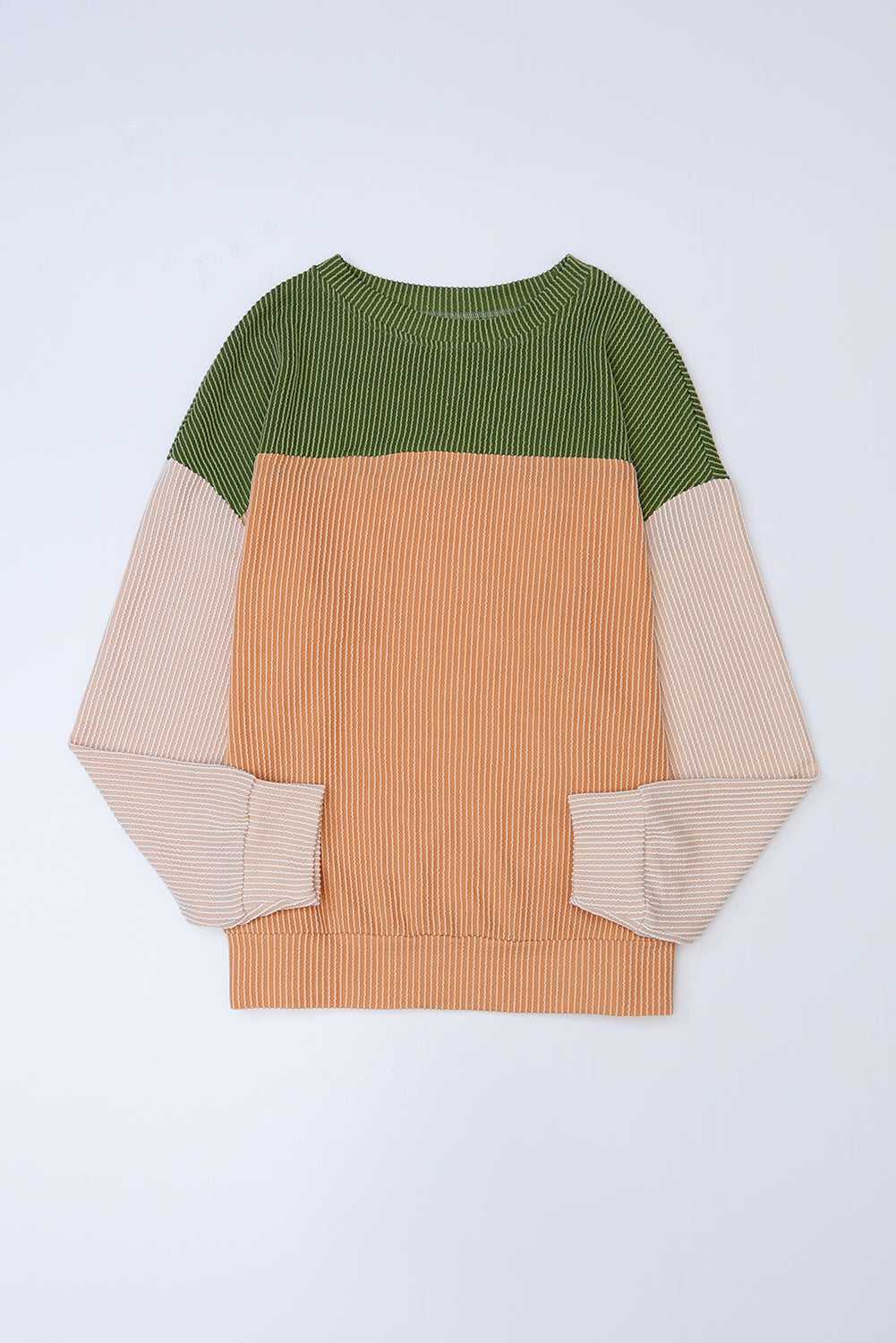 Green Color Block Long Sleeve Ribbed Loose Top-Tops-MomFashion