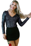 Black Sequin V Neck Zipped Long Sleeve Bodysuit-Tops-MomFashion