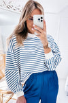 Blue Stripe Drop Shoulder Crew Neck Loose Sweatshirt-Tops/Sweatshirts & Hoodies-MomFashion