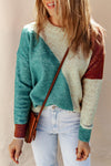 Multicolor Colorblock Ribbed Trim Round Neck Sweater-Tops-MomFashion