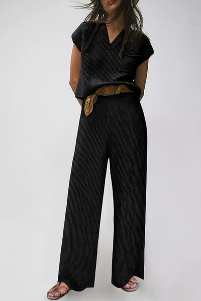 Black Knitted V Neck Sweater and Casual Pants Set-Loungewear-MomFashion