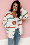 Beige Drop Shoulder Pocketed Stripe Sweater Cardigan-Tops-MomFashion