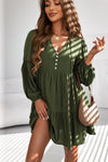 Green Lace Puff Sleeve Buttoned Tiered Ruffled Mini Dress-Dresses-MomFashion