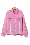 Pink Lace Patchwork Distressed Buttoned Denim Jacket-Outerwear/Denim jackets-MomFashion