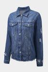 Blue Lapel Distressed Raw Hem Buttons Denim Jacket-Outerwear-MomFashion