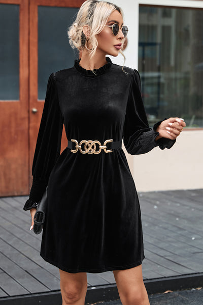 Black Velvet Frill Neck Long Sleeve Shift Dress-Dresses-MomFashion