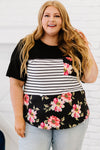 Black Plus Size Splicing Block Stripe Floral Short Sleeve Top-Plus Size-MomFashion