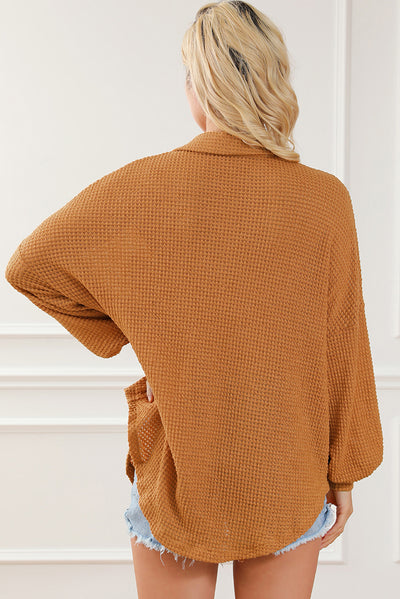 Brown Waffle Knit Button Up Casual Shirt-Tops-MomFashion