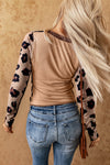 Brown Printed Leopard Patchwork Color Block Textured Ribbed Top-Tops-MomFashion