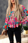 Multicolor Floral Print Smocked Square Neck Ruffles Blouse-Tops-MomFashion