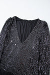 Black Sequin V Neck Zipped Long Sleeve Bodysuit-Tops-MomFashion