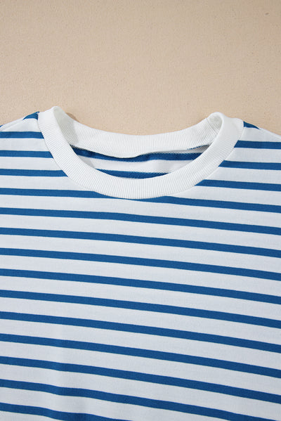 Blue Stripe Drop Shoulder Crew Neck Loose Sweatshirt-Tops/Sweatshirts & Hoodies-MomFashion