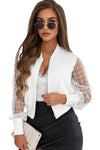 White Latticed Mesh Sleeve Zip Up Bomber Jacket-Outerwear-MomFashion