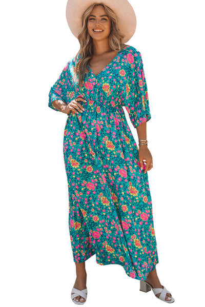 Green Boho Deep V Neck Floral Maxi Dress-Dresses-MomFashion