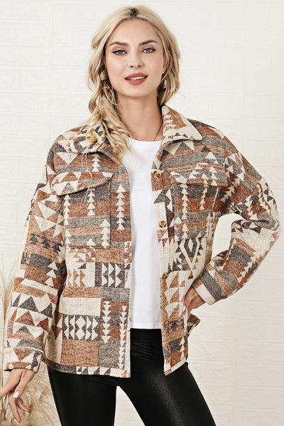 Brown Aztec Print Flap Pocket Button-up Jacket-Outerwear-MomFashion