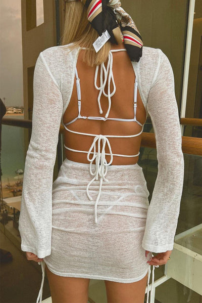 White Strappy Tie Back Cutout Sheer Knit Bell Sleeve Cover Up-Swimwear-MomFashion