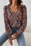 Fiery Red V Cut Lace Patch Tie-up Ruffled Puff Sleeve Floral Blouse-Tops-MomFashion