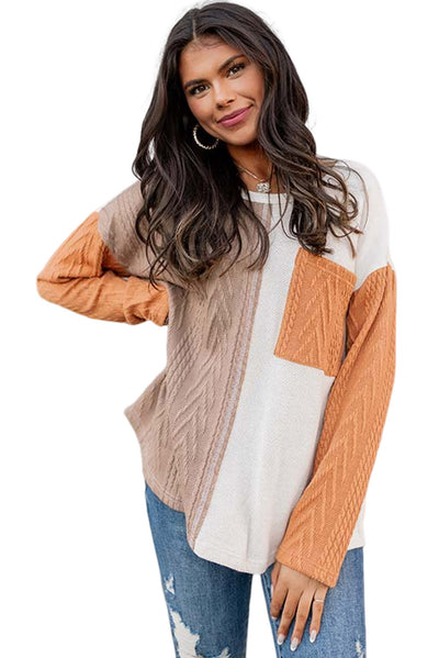 Orange Long Sleeve Colorblock Chest Pocket Textured Knit Top-Tops-MomFashion