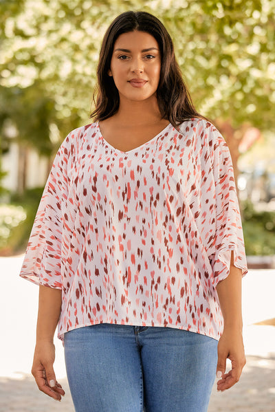 Pink Printed 3/4 Dolman Sleeve Plus Size Blouse-Plus Size-MomFashion