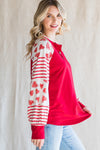 Fiery Red Heart Striped Raglan Sleeve Henley Top-Tops-MomFashion