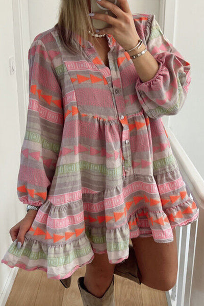 Multicolour Boho Print Puff Sleeve Buttoned Babydoll Dress-Dresses-MomFashion