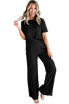 Black Solid Color T Shirt 2pcs Wide Leg Pants Set-Two Piece Sets/Pant Sets-MomFashion