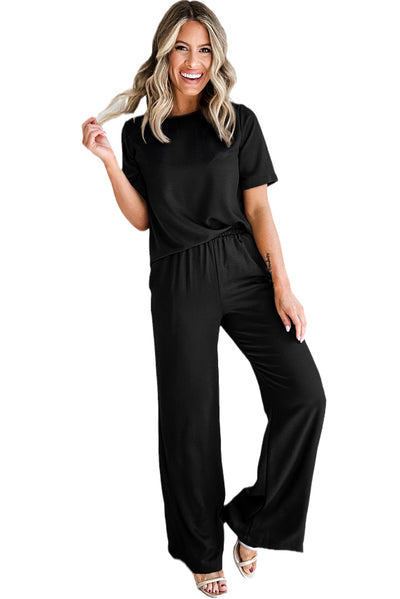 Black Solid Color T Shirt 2pcs Wide Leg Pants Set-Two Piece Sets/Pant Sets-MomFashion