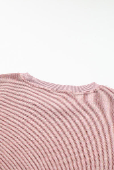 Pink Solid Ribbed Knit Round Neck Pullover Sweatshirt-Tops-MomFashion