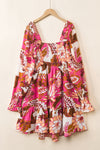 Rose Floral Print Smocked Square Neck Bubble Sleeve Dress-Dresses-MomFashion