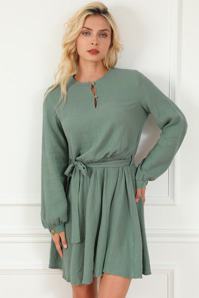 Jungle Green Button Neck Puff Sleeve Belted Pleated Mini Dress-Dresses-MomFashion