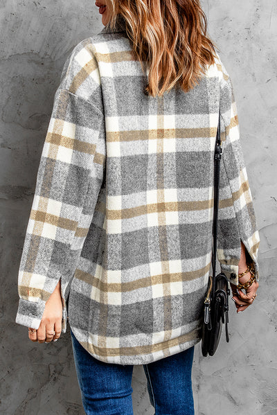 Brown Plaid Print Pocket Women Shacket-Outerwear-MomFashion