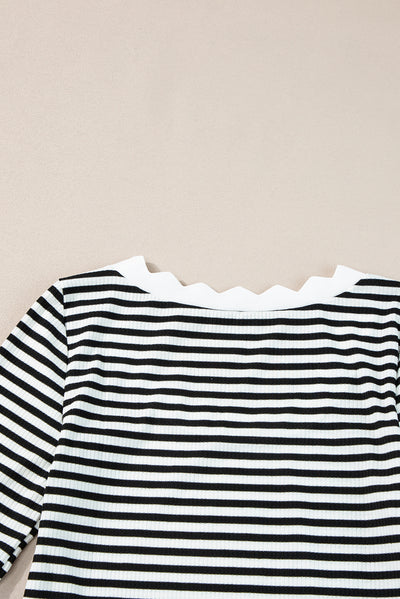 Black Striped Contrast Scallop Trim Half Sleeve T-shirt-Tops-MomFashion