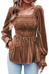 Chestnut Smocked Ribbed Velvet Babydoll Top-Tops-MomFashion