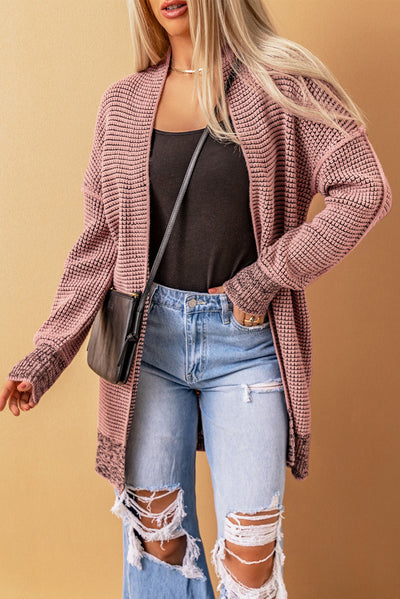 Pink Plaid Knitted Long Open Front Cardigan-Tops-MomFashion