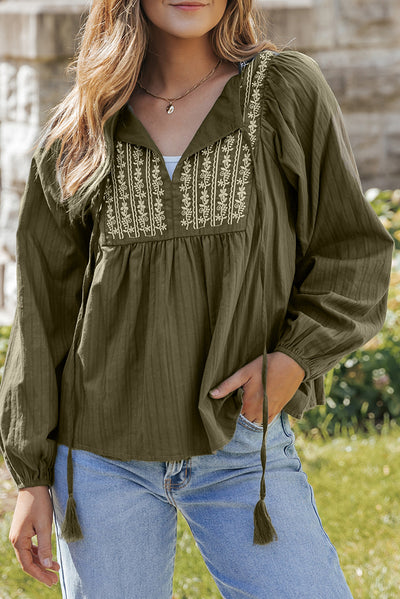 Green Embroidered Split Neck Pleated Loose Blouse-Tops-MomFashion