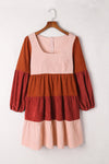 Corduroy Striped Square Neck Long Sleeve Dress-Dresses-MomFashion