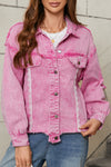 Pink Lace Patchwork Distressed Buttoned Denim Jacket-Outerwear/Denim jackets-MomFashion