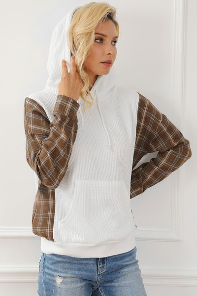 White Waffle Patch Plaid Sleeve Kangaroo Pocket Hoodie-Tops-MomFashion