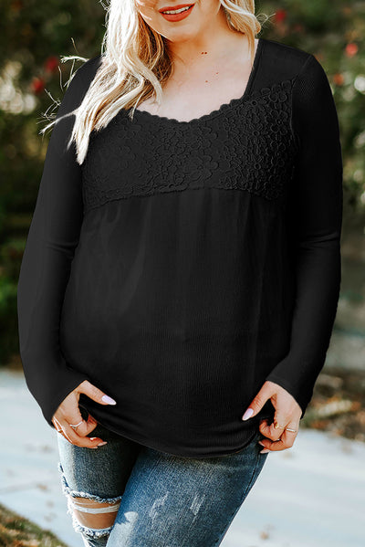 Black Lace Crochet V Neck Long Sleeve Top-Tops-MomFashion