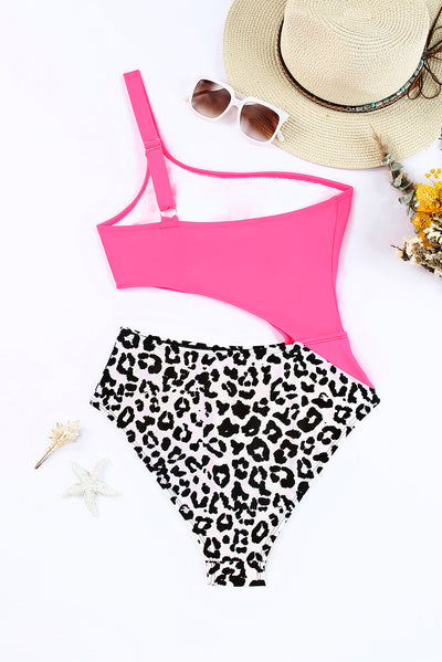 Rose Leopard Patchwork Asymmetric Cutout One Piece Swimsuit-Swimwear-MomFashion