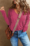 Rose Red V Neck Center Seam Long Sleeve Tee-Tops-MomFashion