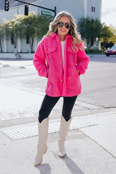 Bright Pink Faux Suede Sherpa Patchwork Button-up Shacket-Outerwear-MomFashion