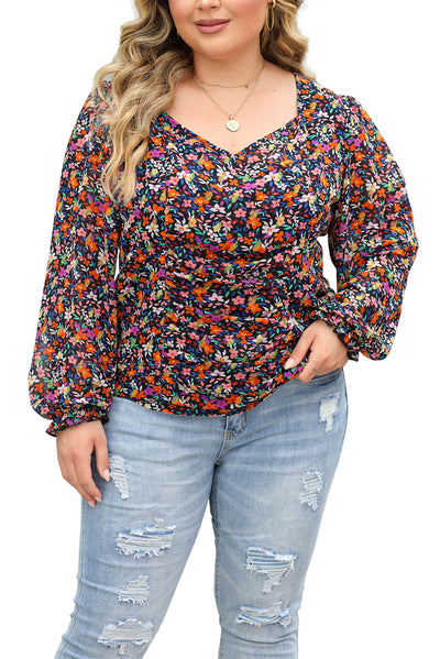 Black Plus Size V Neck Bubble Sleeve Floral Blouse-Plus Size-MomFashion