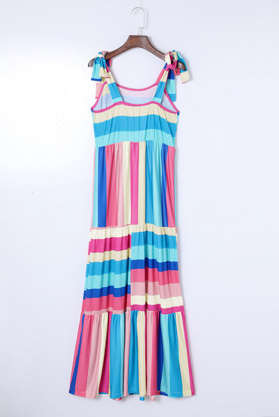 Multicolor Color Block Striped Bow Knot Straps Maxi Dress-Dresses-MomFashion